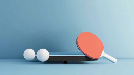 This image showcases a modern table tennis setup featuring a bright paddle and classic balls on a minimalist background, ideal for promoting sports and fitness.の素材