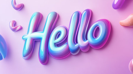 This image features a vibrant 3D text greeting "Hello" in pastel colors, with swirling elements that add a cheerful and playful touch, perfect for digital communication.の素材