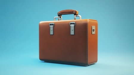 A stylish brown leather briefcase showcased against a bright blue background, perfect for business professionals seeking elegance and functionality.の素材