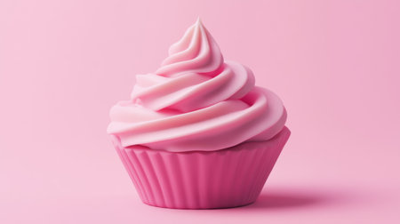 A delightful pink cupcake topped with creamy swirled frosting sits against a soft pink background, perfect for sweet treats and desserts.の素材