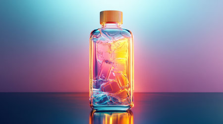 A stunning glass bottle filled with ice cubes and illuminated by a captivating gradient light, perfect for representing refreshment and summer vibes.の素材