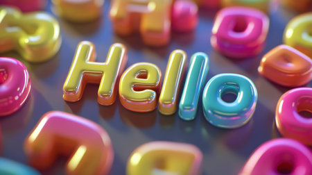 This image features colorful glossy 3D letters that form the word Hello surrounded by a playful background of vibrant alphabet characters. Perfect for themes of joy, communication, and creativity.の素材