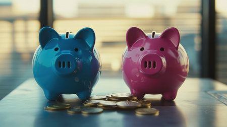Two vibrant piggy banks in blue and pink sit on a wooden table surrounded by coins, representing the themes of savings and financial planning for individuals and families.の素材