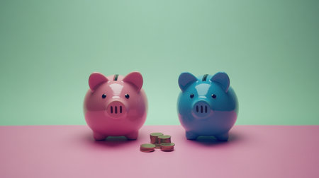 Two vibrant piggy banks in pink and blue sit on a pastel background, surrounded by coins, illustrating the importance of savings and financial management.の素材
