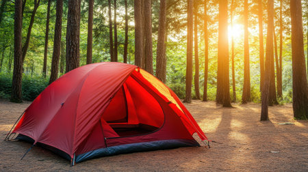 A bright red tent stands in a serene forest, surrounded by tall pine trees as sunlight filters through the branches, creating a peaceful camping scene.の素材