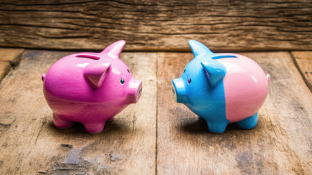 Two colorful piggy banks, one pink and one blue, face each other on a rustic wooden surface, symbolizing savings, finance, and childhood habits.の素材