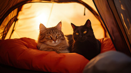 Two adorable cats lounge inside a cozy camping tent, illuminated by warm sunlight, creating a peaceful scene of feline companionship in nature.の素材