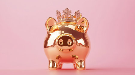 A golden piggy bank adorned with a small crown sits against a pink backdrop, symbolizing luxury, wealth, and financial aspirations. This image evokes themes of saving, investing, and achieving financial success.の素材