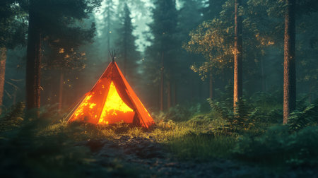 A captivating scene featuring a vibrant tent illuminated by a warm campfire glow, surrounded by a lush forest with tall trees, creating a serene and magical atmosphere perfect for outdoor adventures.の素材