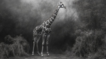 This striking black and white photograph captures the elegance of a giraffe standing tall in a foggy landscape, showcasing its graceful silhouette against a serene backdrop.の素材