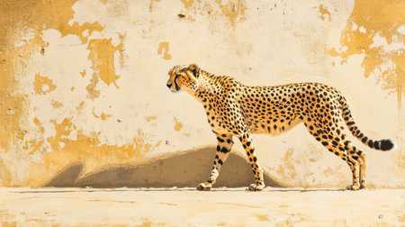 A striking cheetah strides gracefully against a warm, textured wall, showcasing its stunning spotted coat and the beauty of the wild.の素材