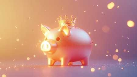 A stunning golden piggy bank adorned with a crown sits against a sparkly backdrop, representing wealth and financial success. Perfect for savings themes.の素材