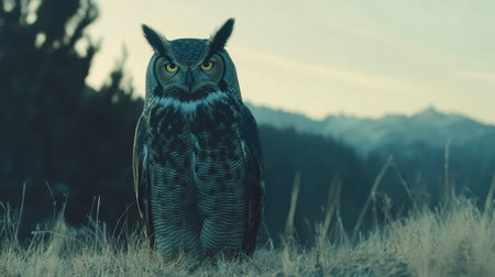 A stunning portrait of a majestic owl perched in golden grasses, exuding a sense of tranquility and beauty against a soft morning sky.の素材