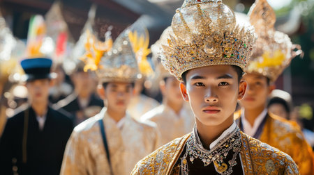 A young male wears a stunning traditional outfit and ornate crown during a vibrant cultural festival, with attendees in the background.の素材