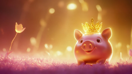 An enchanting scene featuring a cute pig wearing a crown in a magical meadow filled with flowers and glowing light. Perfect for whimsical themes.の素材