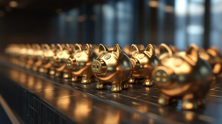 A captivating row of golden piggy banks representing the concept of saving money and building wealth in a modern financial setting.の素材