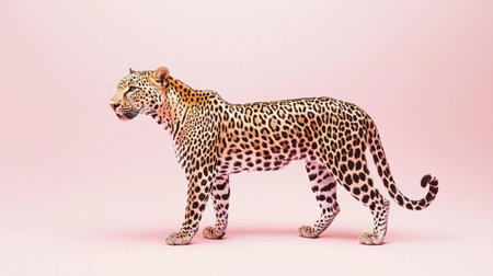 This stunning image features a leopard in a side profile view against a soft pink background. The smooth movement and unique spots highlight the beauty of wildlife.の素材