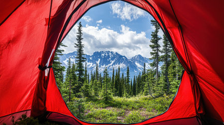 The image captures the interior of a vibrant red tent, framing a stunning view of majestic mountains, lush green trees, and a beautiful cloudy sky, inspiring adventure.の素材