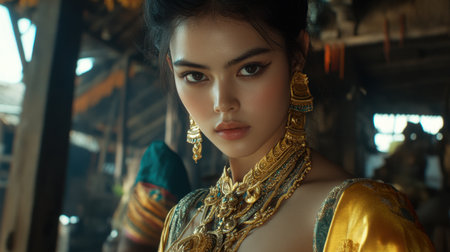 Captivating portrait of a woman adorned in traditional attire and stunning jewelry, embodying cultural elegance in a rustic setting.の素材