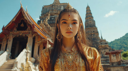 A stunning female model dressed in intricate golden traditional attire and ornate jewelry, posing gracefully near majestic ancient temple ruins under a clear blue sky.の素材