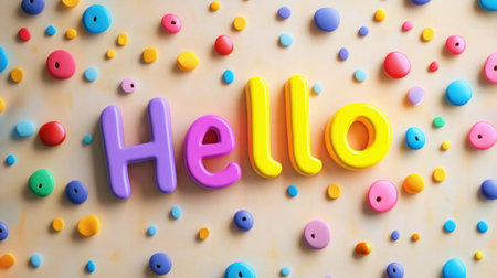 A bright and cheerful composition featuring colorful letters spelling "Hello" surrounded by playful dots and shapes, perfect for creative designs.の素材