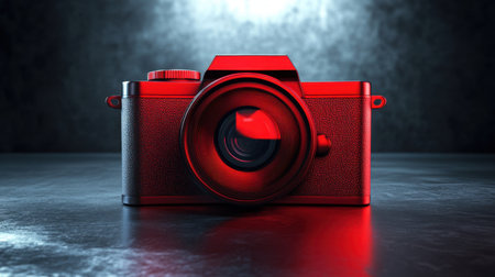 This striking red camera rests on a dark surface, illuminated by dramatic lighting, creating an eye-catching visual for photography enthusiasts and creatives.の素材