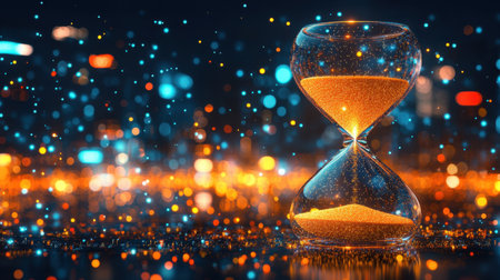A stunning hourglass filled with flowing sand serves as a powerful representation of time, showcasing a vibrant blurred backdrop of colorful lights that evoke a sense of wonder and contemplation.の素材