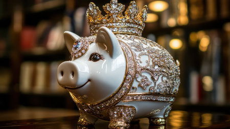 This exquisite piggy bank, adorned with sparkling jewels and a royal crown, captures the essence of luxury and playful finance, perfect for decoration or as a unique gift.の素材