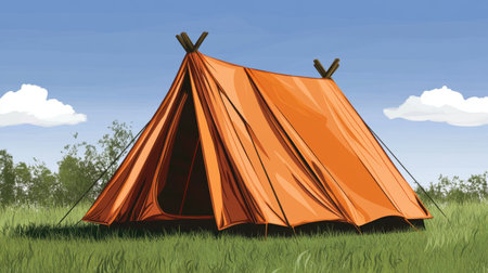 A vibrant orange tent stands in a lush green field, inviting adventurers to explore nature under a bright blue sky with soft clouds.の素材