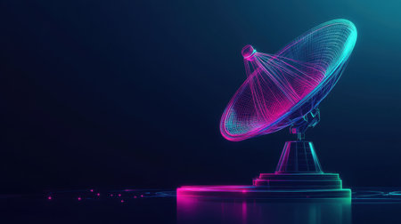 Stunning visual of a futuristic satellite dish rendered in neon colors against an abstract background, representing advanced technology and communication.の素材