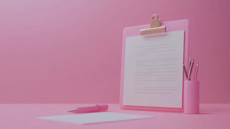 A stylish pink clipboard holds blank paper, accompanied by a pen and pencil holder, all set against a soft pink background, perfect for creative workspaces.の素材