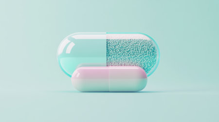 Two colorful capsule pills, one large and one small, featuring vibrant beads. Ideal for representing health, pharmacy, and modern medicine concepts.の素材