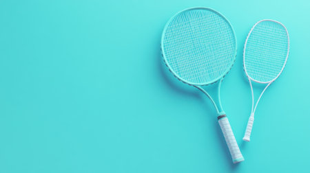 This image features two tennis rackets in a vibrant turquoise background, perfect for sports, fitness, and creative projects that involve leisure and activity themes.の素材