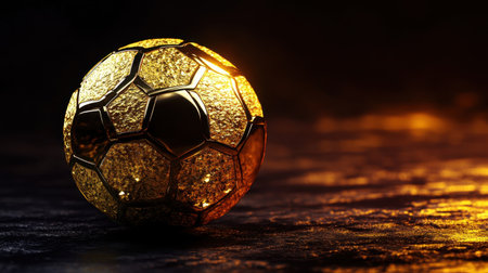 A stunning golden soccer ball sits elegantly on a dark surface, illuminated by soft light reflections, showcasing intricate textures and details perfect for sports-themed designs.の素材