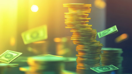 This captivating image captures stacks of cash and coins, surrounded by a warm, blurred background. It symbolizes wealth, investment, and financial success, ideal for finance-related projects.の素材