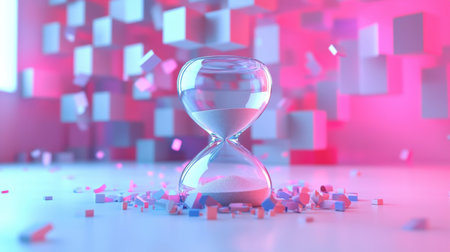 This captivating image depicts a glass hourglass surrounded by vibrant geometric shapes in a modern digital space, emphasizing time's passage.の素材