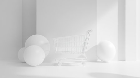 A striking minimalistic composition featuring a white shopping cart placed against a bright backdrop, surrounded by white spheres. The image embodies modern design principles with an emphasis on simplicity and clean lines, perfect for conveying retail themes.の素材