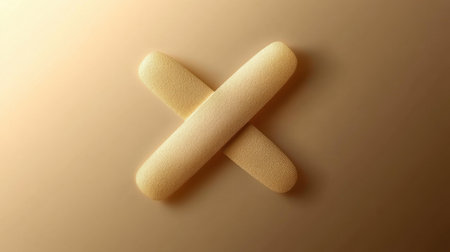 This image features a simple bandage arranged in an elegant cross pattern on a soft brown background, symbolizing care and healing in health and first aid.の素材