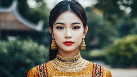 A captivating portrait of a young woman adorned in traditional clothing, showcasing her beauty and elegance amidst a lush green environment.の素材