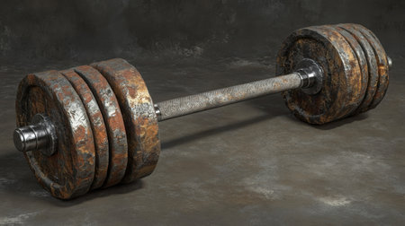 A rusty barbell with several weights positioned on a gray background, emphasizing the unique texture of vintage gym equipment ideal for fitness enthusiasts.の素材