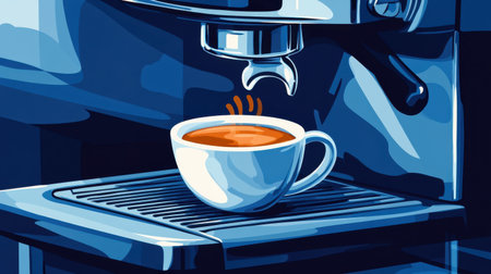An artistic depiction of a freshly brewed espresso shot steaming in a white cup on a sleek coffee machine, perfect for coffee enthusiasts.の素材