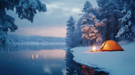 A cozy orange tent sits by a serene lake surrounded by snow-covered trees, capturing a peaceful winter evening with gentle snowfall.の素材