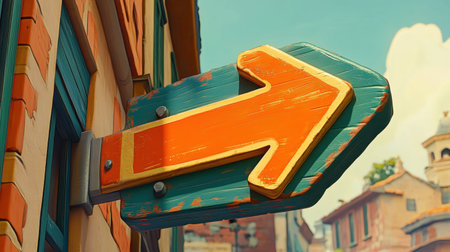A bright and colorful arrow sign points right in an urban setting, surrounded by charming buildings under a clear blue sky, inviting exploration.の素材