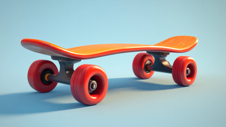 A visually striking skateboard with a vibrant orange deck and innovative red wheels rests against a soft blue background, embodying fun and adventure.の素材