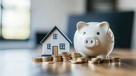 A visually appealing composition that illustrates the concept of savings and investment, featuring a piggy bank, a house model, and stacks of coins, symbolizing financial goals and growth.の素材
