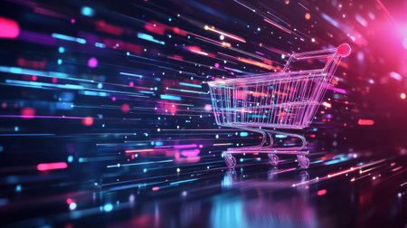 Explore a captivating abstract digital shopping cart surrounded by colorful light trails, representing the vibrant essence of online retail.の素材