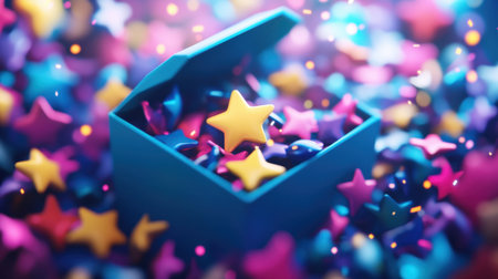 This vibrant image features a gift box brimming with colorful stars and confetti, creating a joyful atmosphere ideal for celebrations and creative projects.の素材