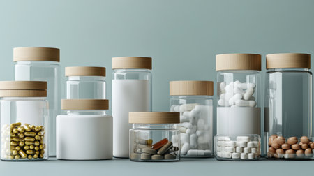 A modern display of transparent jars and tubs filled with capsules and tablets, showcasing clean lines and minimalistic design elements.の素材