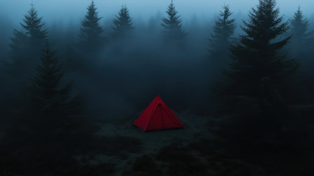A vibrant red tent contrasts against a dark, foggy forest, surrounded by towering pine trees. This serene and mysterious setting invites exploration and adventure.の素材