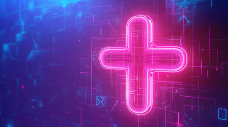 A vivid neon plus sign glows against an abstract digital background filled with modern elements, creating a stunning visual display of color and technology.の素材